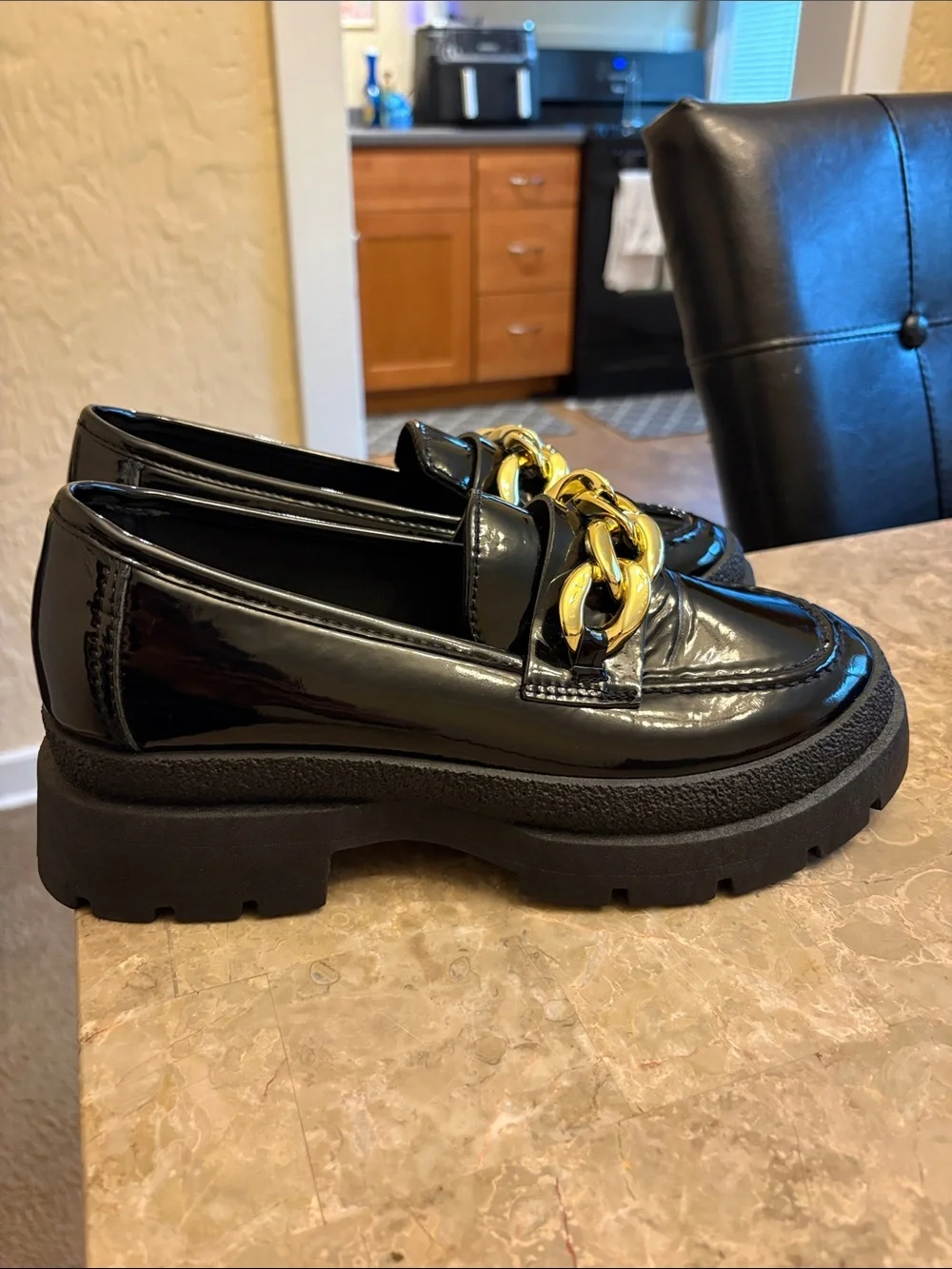 NEW Qupid Black Patent Platform Loafers with Gold Chain